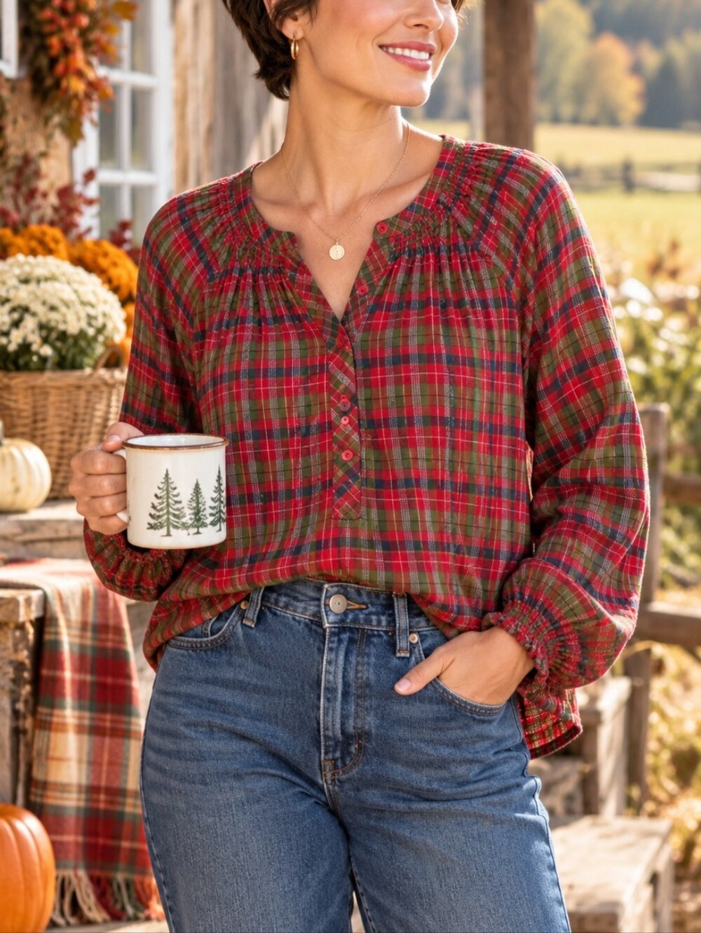 Chaps Plaid Peasant Blouse Long Sleeve Size Small